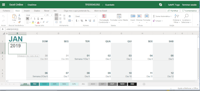 calendário excel online