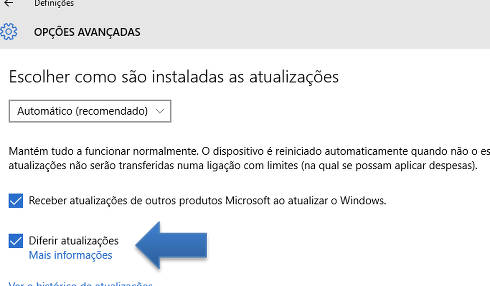 diferir atualizações no windows10