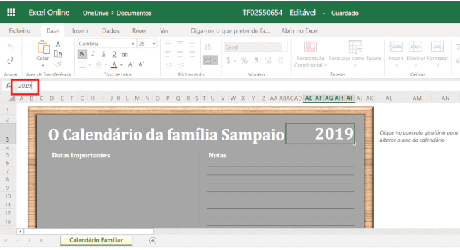 mudar ano de calendário excel online