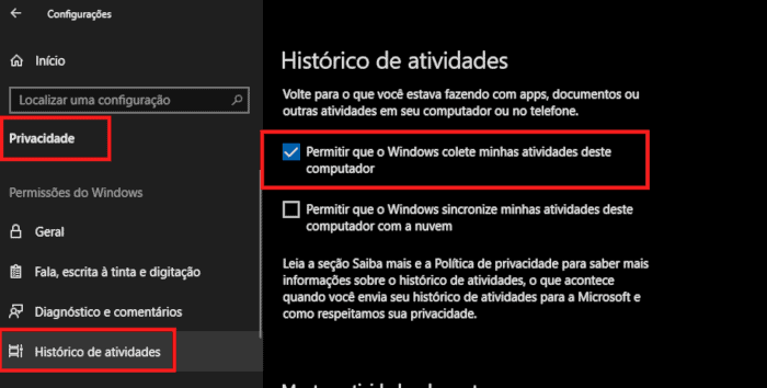 permitir que o windows colete minhas atividades deste computador