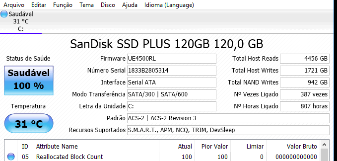 Conheça os detalhes do disco HD (saúde, tempo de funcionamento, etc).