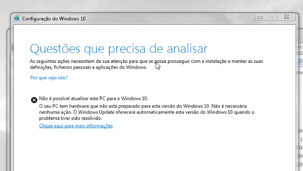 Não é possível atualizar este PC para o Windows 10