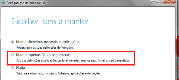 instalar windows 10 manter ficheiros pessoais 