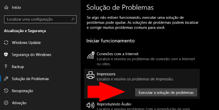 solução de problemas windows 10 impressora