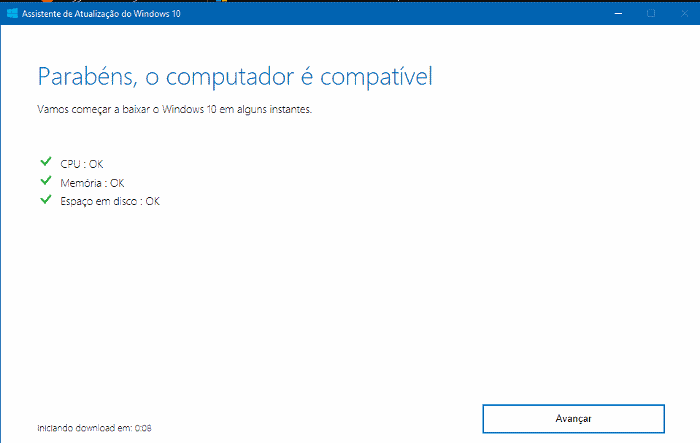 parabéns\ o computador é compatível windows 10