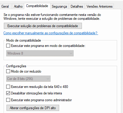 Desabilitar otimizações de tela inteira