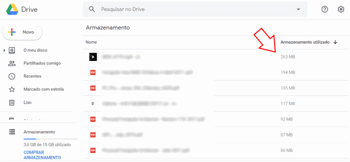 arquivos que ocupam mais espaço no google drive