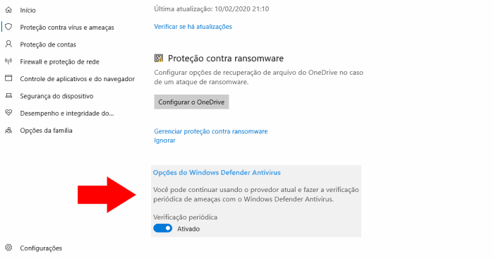 Opções do Windows Defender Antivírus