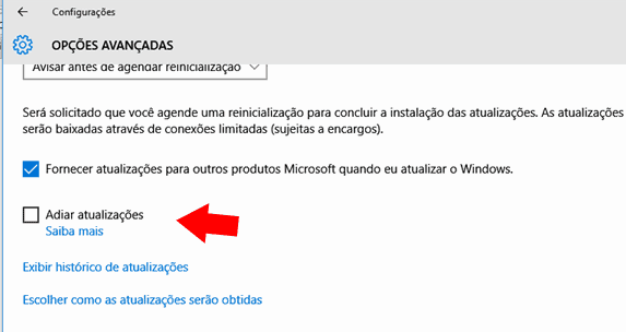 adiar atualizações com o windows 10