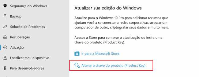 alterar a chave do windows 10