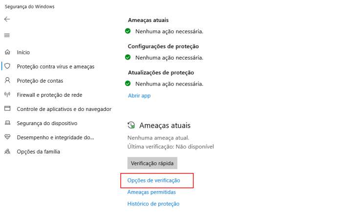 opções de verificação do windows defender