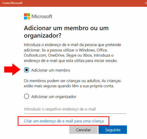 criar um email para criança