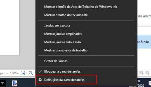 Definições da barra de Tarefas