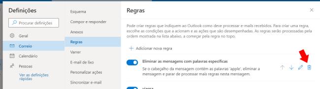 excluir filtro no outlook