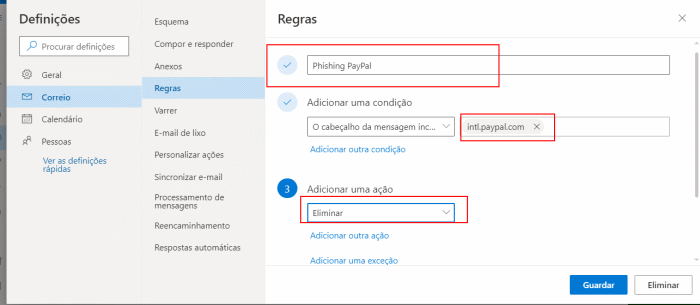 criar regra ou filtro no outlook