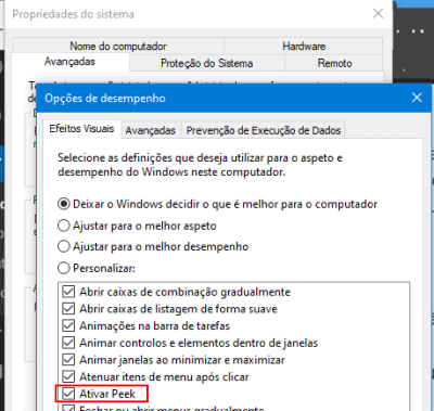 ativar peek do windows 