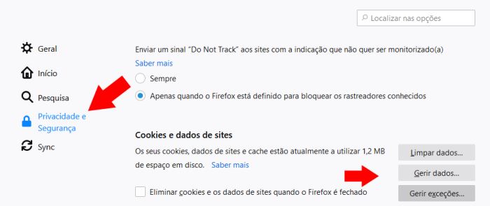 gerir dados de sites no firefox