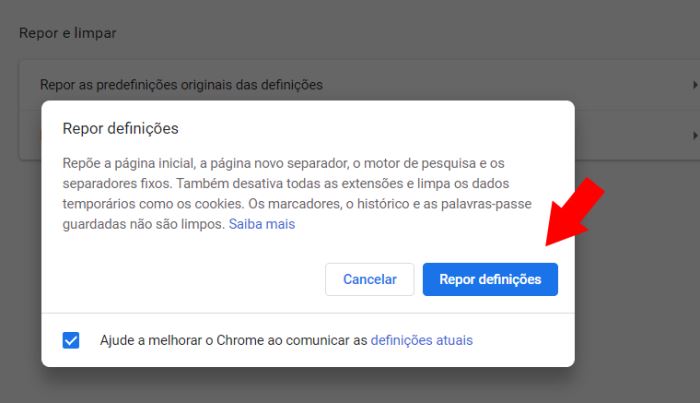 repor definições do chrome