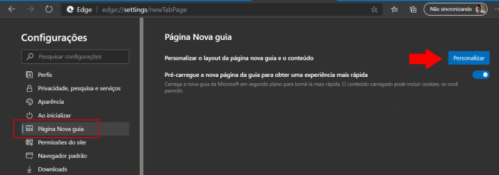 opções da página nova guia edge