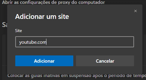 adicionar site às exclusões das páginas inativas