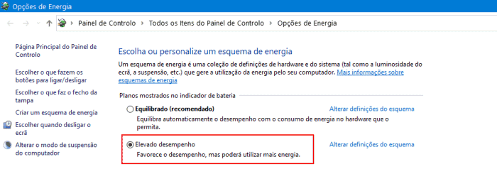 perfil elevado desempenho do windows