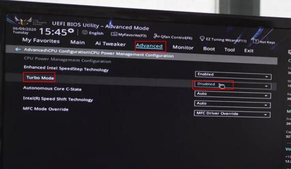 desativar o turbo mode na motherboard