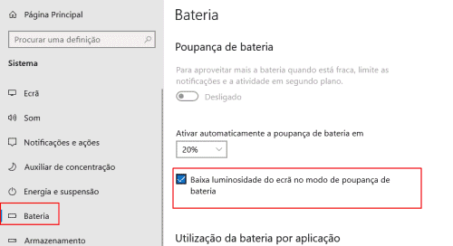 configurar o brilho consoante a bateria