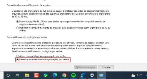 Desativar compartilhamento protegido por senha