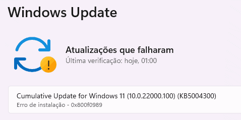 erro 0x800f0989 no Windows Update