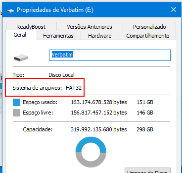 sistema de arquivos fat32 ou ntfs