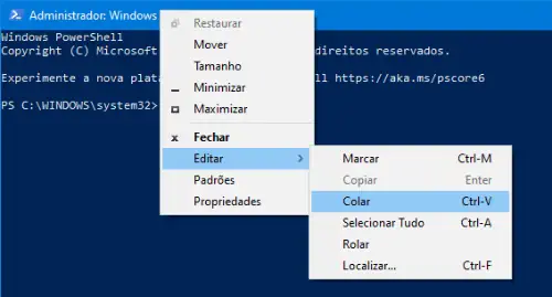 colar trechos de código no powershell