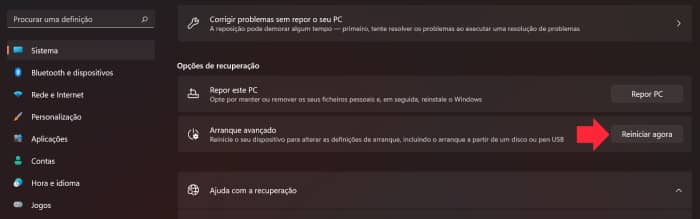 arranque avançado do windows 11