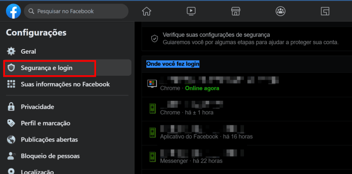 dispositivos conectados à sua conta Facebook