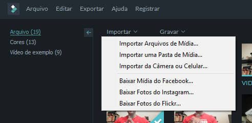 importar arquivo no filmora