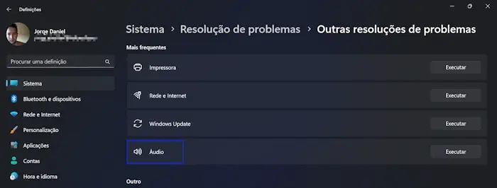 resolução de problemas audio